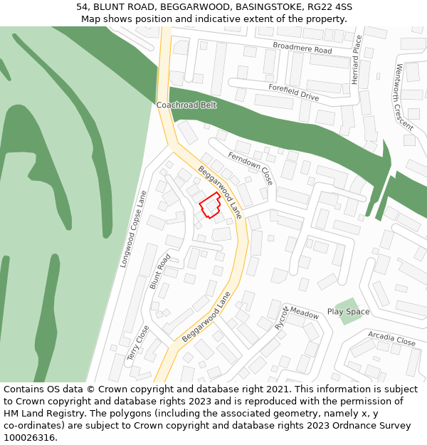 54, BLUNT ROAD, BEGGARWOOD, BASINGSTOKE, RG22 4SS: Location map and indicative extent of plot