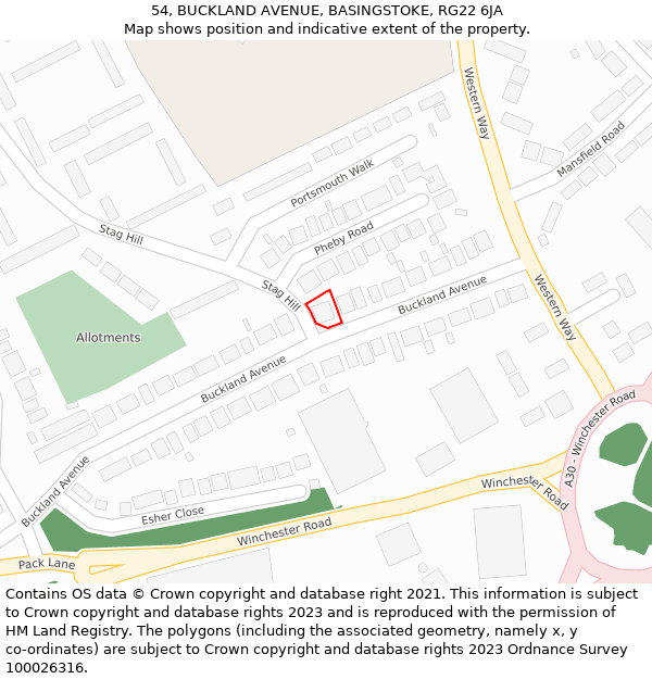 54, BUCKLAND AVENUE, BASINGSTOKE, RG22 6JA: Location map and indicative extent of plot