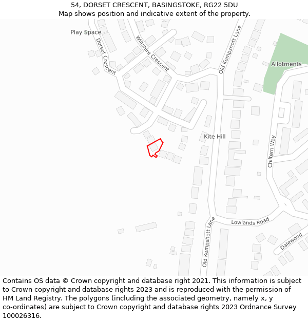 54, DORSET CRESCENT, BASINGSTOKE, RG22 5DU: Location map and indicative extent of plot