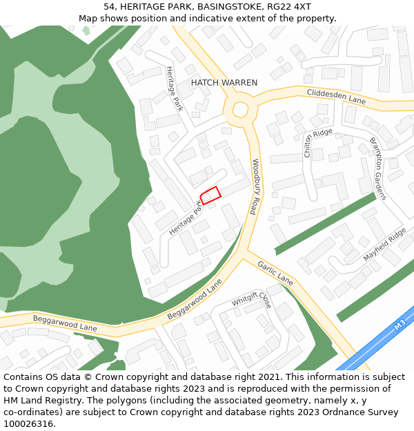 54, HERITAGE PARK, BASINGSTOKE, RG22 4XT: Location map and indicative extent of plot
