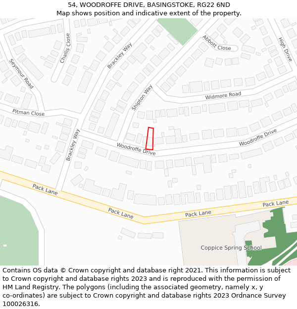 54, WOODROFFE DRIVE, BASINGSTOKE, RG22 6ND: Location map and indicative extent of plot