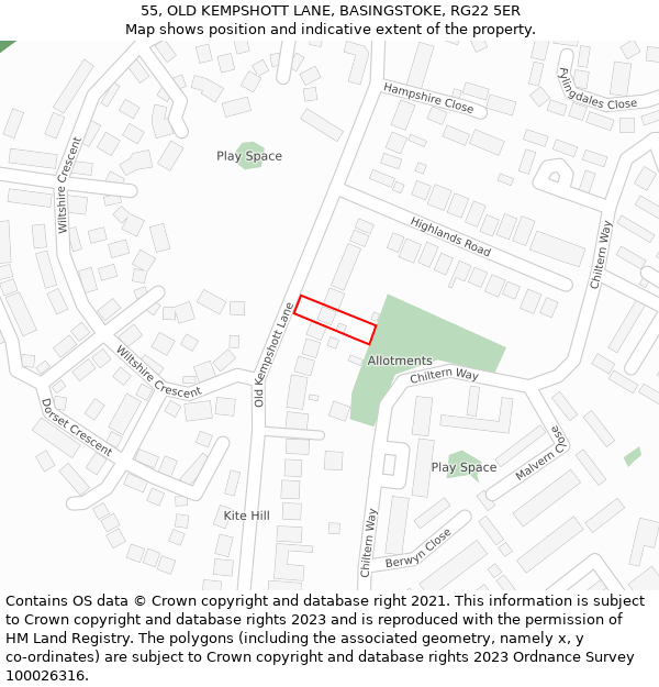 55, OLD KEMPSHOTT LANE, BASINGSTOKE, RG22 5ER: Location map and indicative extent of plot