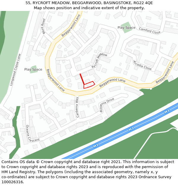 55, RYCROFT MEADOW, BEGGARWOOD, BASINGSTOKE, RG22 4QE: Location map and indicative extent of plot