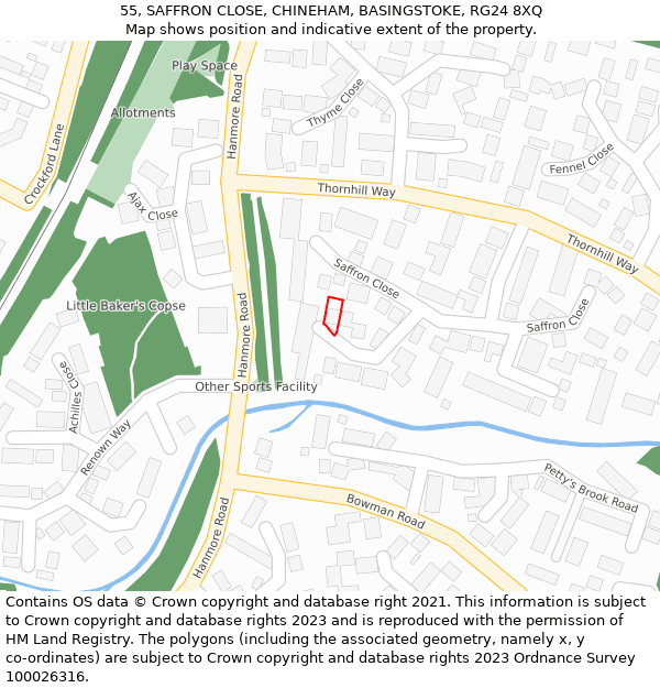 55, SAFFRON CLOSE, CHINEHAM, BASINGSTOKE, RG24 8XQ: Location map and indicative extent of plot