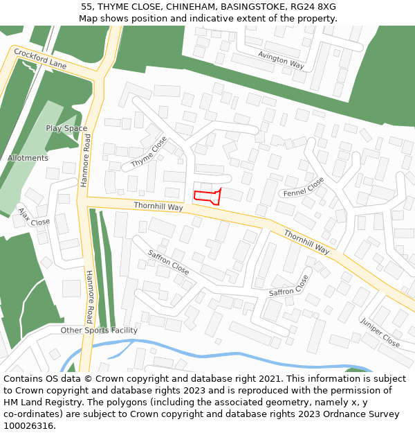 55, THYME CLOSE, CHINEHAM, BASINGSTOKE, RG24 8XG: Location map and indicative extent of plot