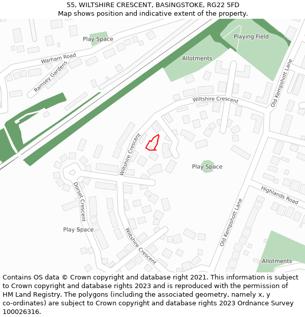 55, WILTSHIRE CRESCENT, BASINGSTOKE, RG22 5FD: Location map and indicative extent of plot