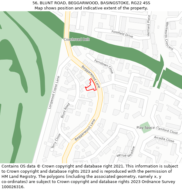 56, BLUNT ROAD, BEGGARWOOD, BASINGSTOKE, RG22 4SS: Location map and indicative extent of plot