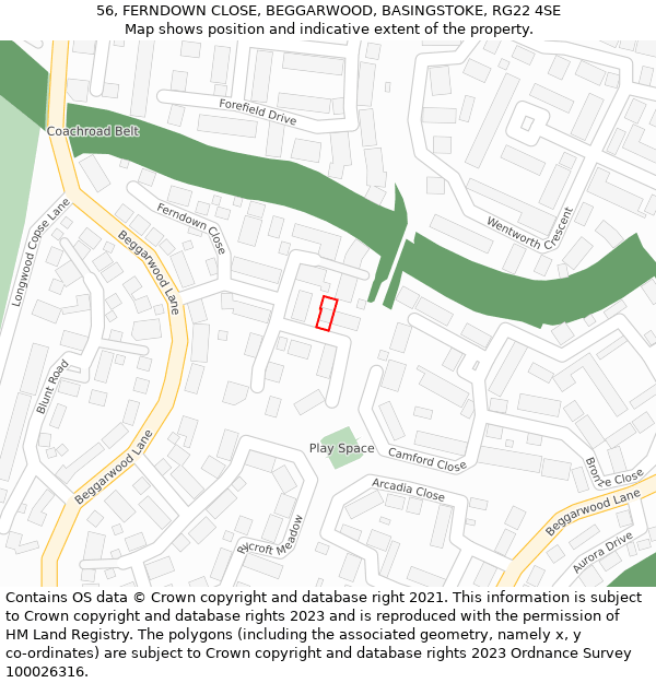 56, FERNDOWN CLOSE, BEGGARWOOD, BASINGSTOKE, RG22 4SE: Location map and indicative extent of plot