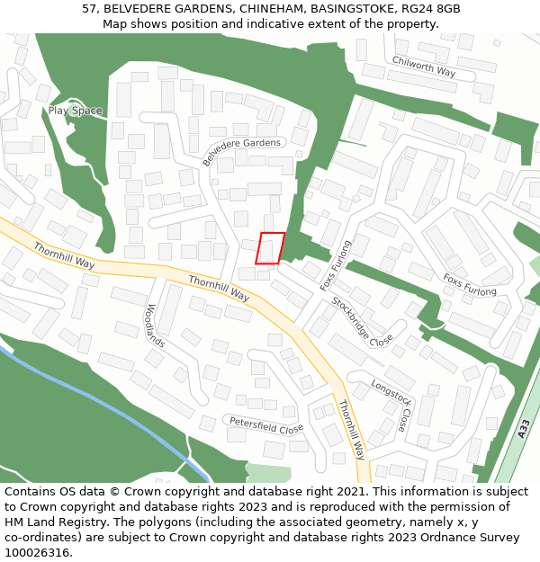 57, BELVEDERE GARDENS, CHINEHAM, BASINGSTOKE, RG24 8GB: Location map and indicative extent of plot