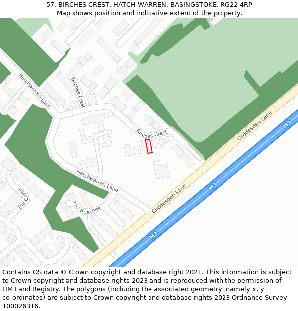 57, BIRCHES CREST, HATCH WARREN, BASINGSTOKE, RG22 4RP: Location map and indicative extent of plot