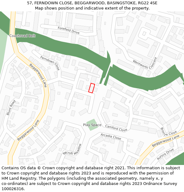 57, FERNDOWN CLOSE, BEGGARWOOD, BASINGSTOKE, RG22 4SE: Location map and indicative extent of plot