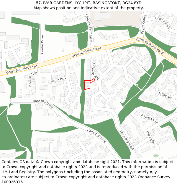 57, IVAR GARDENS, LYCHPIT, BASINGSTOKE, RG24 8YD: Location map and indicative extent of plot