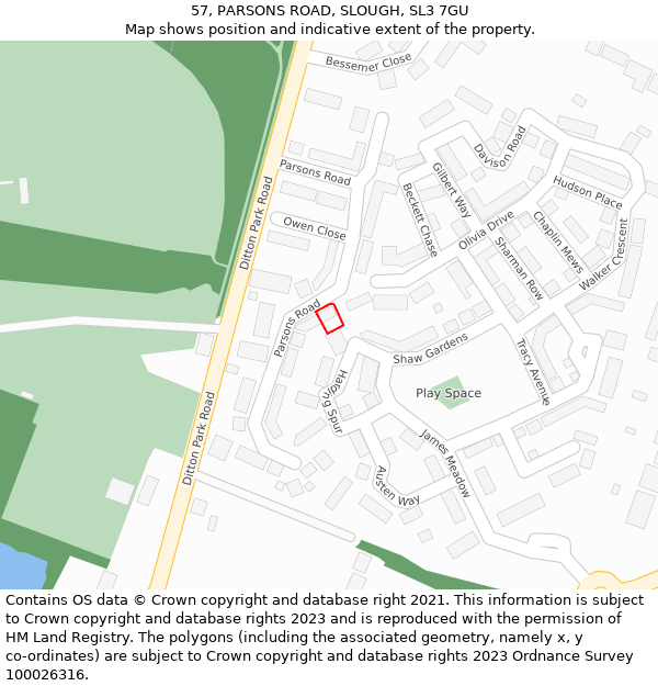 57, PARSONS ROAD, SLOUGH, SL3 7GU: Location map and indicative extent of plot