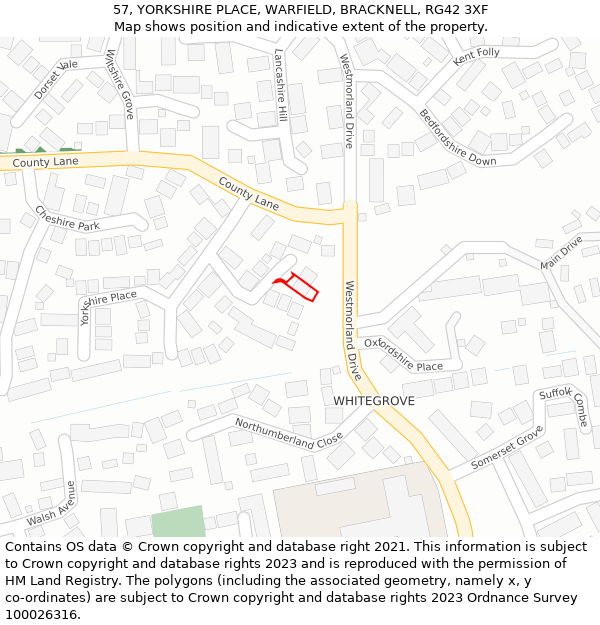 57, YORKSHIRE PLACE, WARFIELD, BRACKNELL, RG42 3XF: Location map and indicative extent of plot