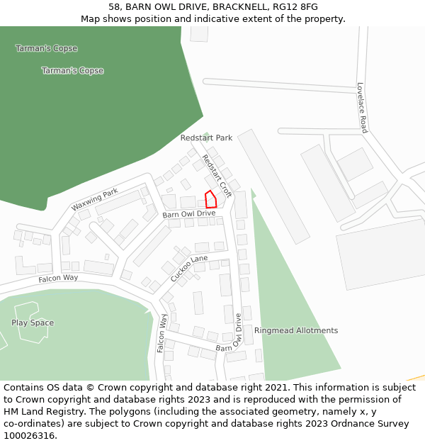 58, BARN OWL DRIVE, BRACKNELL, RG12 8FG: Location map and indicative extent of plot