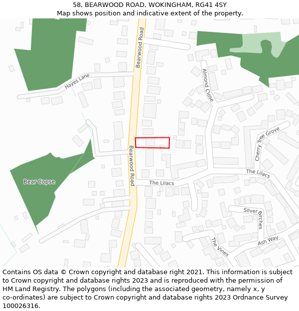 58, BEARWOOD ROAD, WOKINGHAM, RG41 4SY: Location map and indicative extent of plot