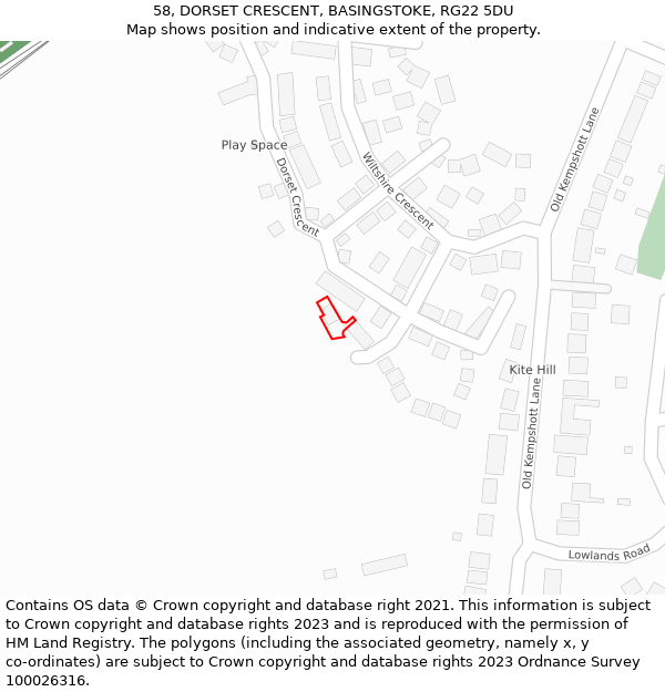 58, DORSET CRESCENT, BASINGSTOKE, RG22 5DU: Location map and indicative extent of plot