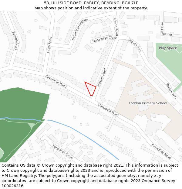 58, HILLSIDE ROAD, EARLEY, READING, RG6 7LP: Location map and indicative extent of plot