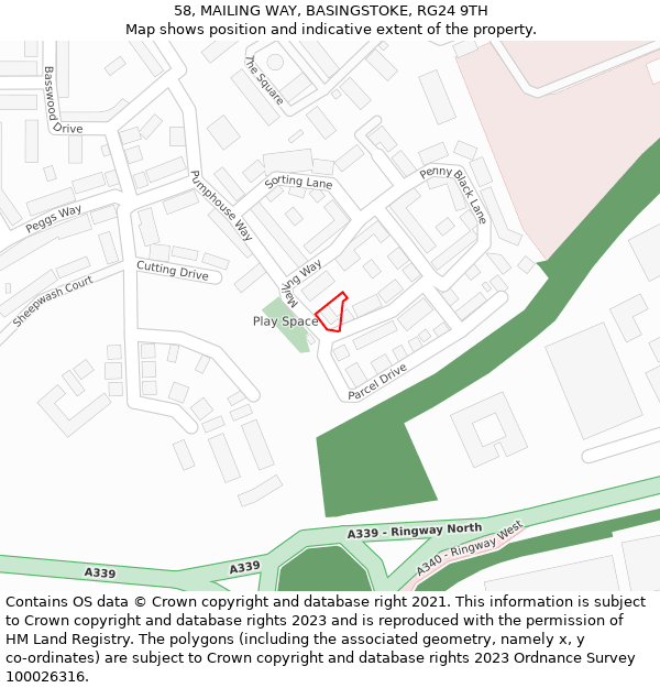 58, MAILING WAY, BASINGSTOKE, RG24 9TH: Location map and indicative extent of plot