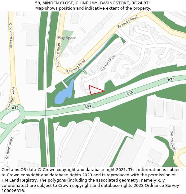 58, MINDEN CLOSE, CHINEHAM, BASINGSTOKE, RG24 8TH: Location map and indicative extent of plot