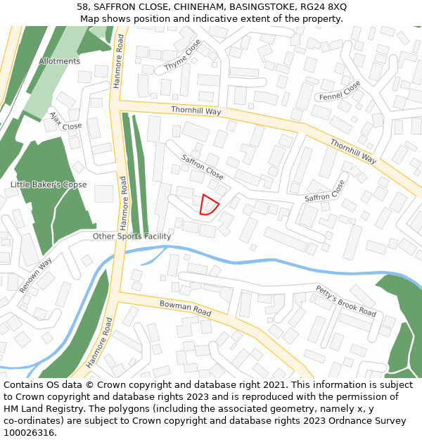 58, SAFFRON CLOSE, CHINEHAM, BASINGSTOKE, RG24 8XQ: Location map and indicative extent of plot