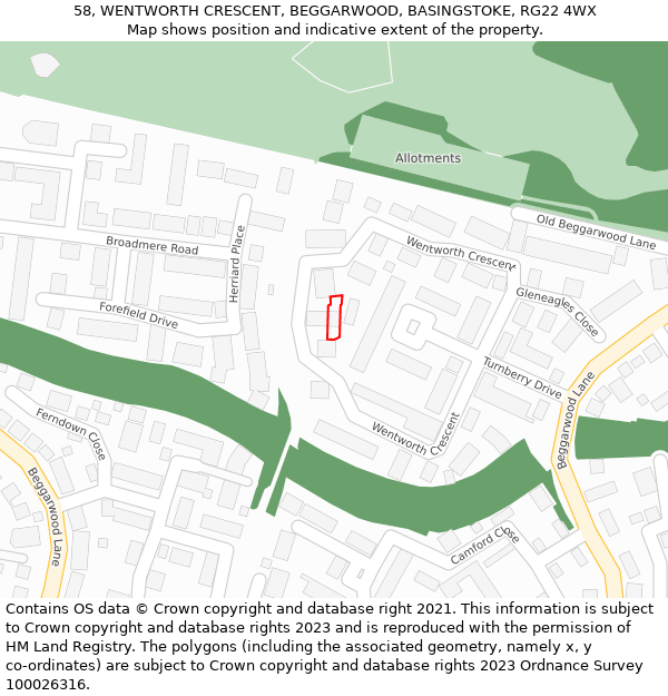 58, WENTWORTH CRESCENT, BEGGARWOOD, BASINGSTOKE, RG22 4WX: Location map and indicative extent of plot