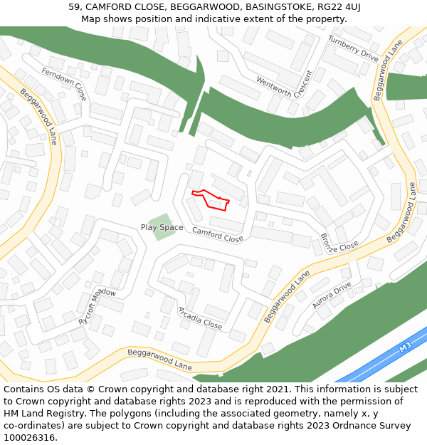 59, CAMFORD CLOSE, BEGGARWOOD, BASINGSTOKE, RG22 4UJ: Location map and indicative extent of plot