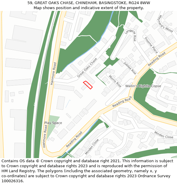 59, GREAT OAKS CHASE, CHINEHAM, BASINGSTOKE, RG24 8WW: Location map and indicative extent of plot