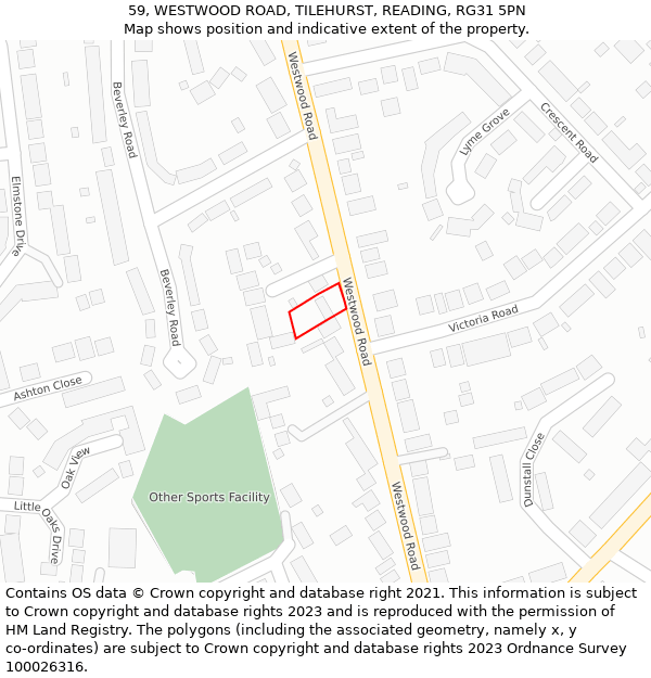 59, WESTWOOD ROAD, TILEHURST, READING, RG31 5PN: Location map and indicative extent of plot