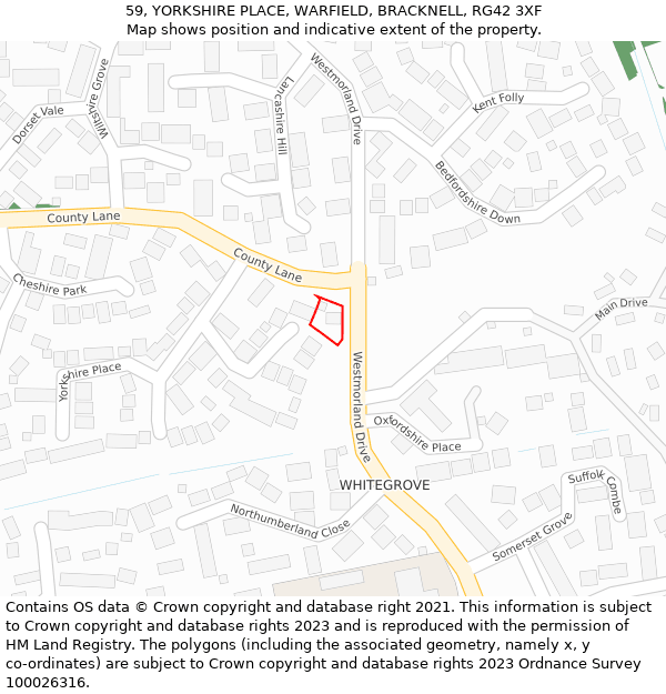 59, YORKSHIRE PLACE, WARFIELD, BRACKNELL, RG42 3XF: Location map and indicative extent of plot