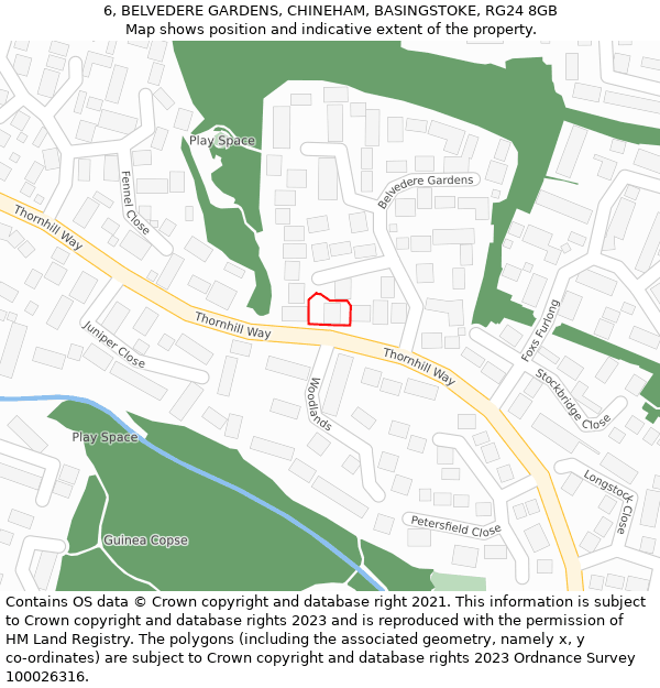 6, BELVEDERE GARDENS, CHINEHAM, BASINGSTOKE, RG24 8GB: Location map and indicative extent of plot