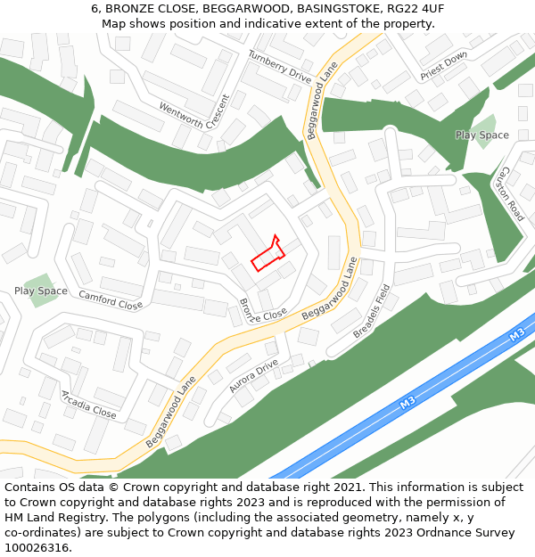 6, BRONZE CLOSE, BEGGARWOOD, BASINGSTOKE, RG22 4UF: Location map and indicative extent of plot