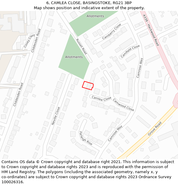 6, CAMLEA CLOSE, BASINGSTOKE, RG21 3BP: Location map and indicative extent of plot