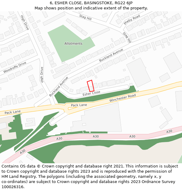 6, ESHER CLOSE, BASINGSTOKE, RG22 6JP: Location map and indicative extent of plot