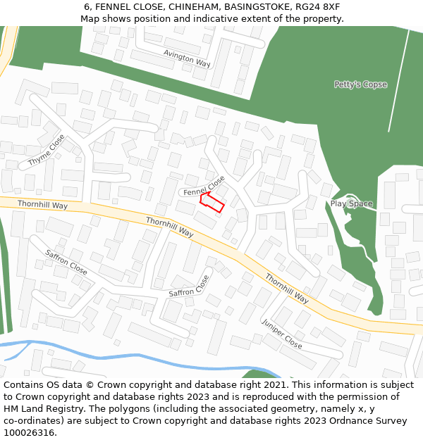 6, FENNEL CLOSE, CHINEHAM, BASINGSTOKE, RG24 8XF: Location map and indicative extent of plot