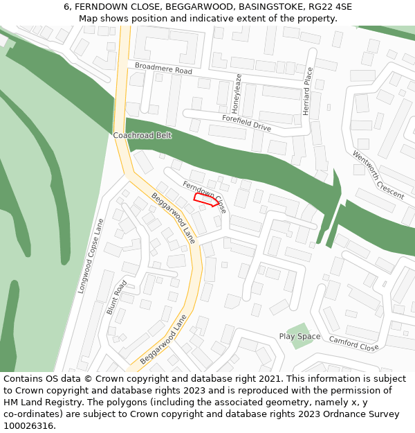 6, FERNDOWN CLOSE, BEGGARWOOD, BASINGSTOKE, RG22 4SE: Location map and indicative extent of plot