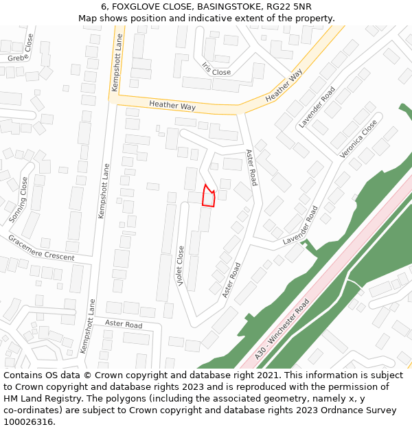 6, FOXGLOVE CLOSE, BASINGSTOKE, RG22 5NR: Location map and indicative extent of plot