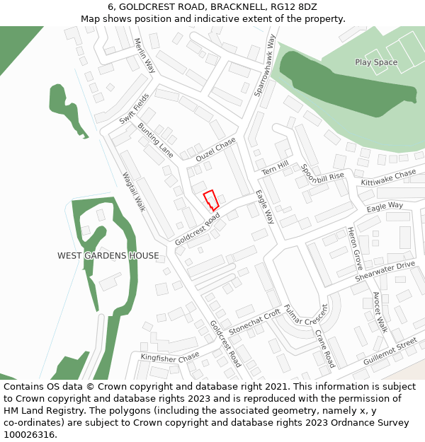 6, GOLDCREST ROAD, BRACKNELL, RG12 8DZ: Location map and indicative extent of plot