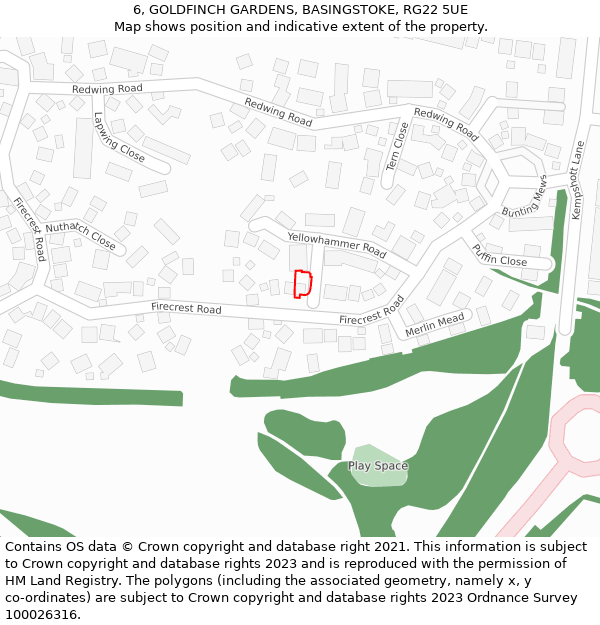 6, GOLDFINCH GARDENS, BASINGSTOKE, RG22 5UE: Location map and indicative extent of plot