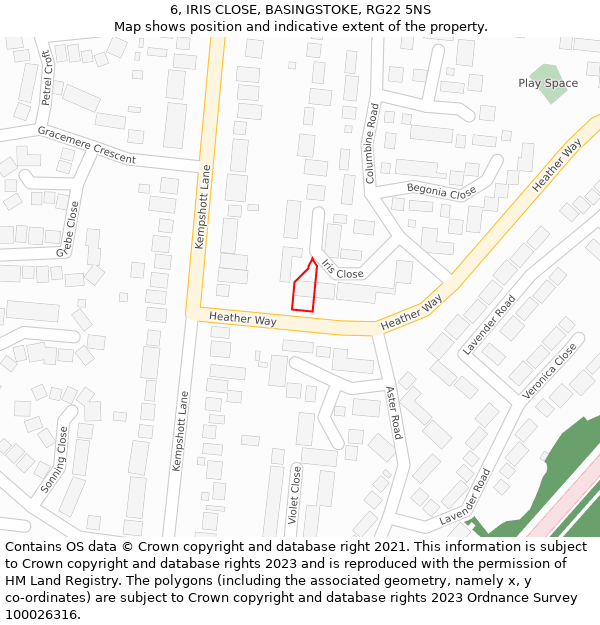 6, IRIS CLOSE, BASINGSTOKE, RG22 5NS: Location map and indicative extent of plot