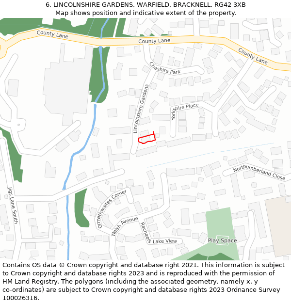 6, LINCOLNSHIRE GARDENS, WARFIELD, BRACKNELL, RG42 3XB: Location map and indicative extent of plot