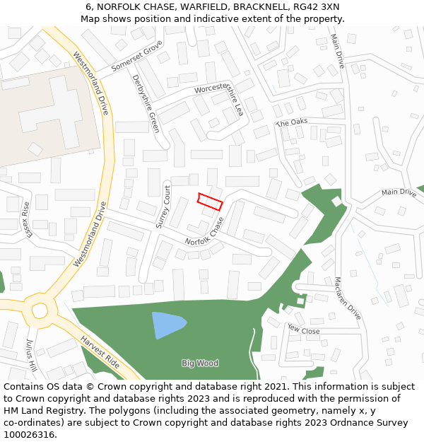 6, NORFOLK CHASE, WARFIELD, BRACKNELL, RG42 3XN: Location map and indicative extent of plot