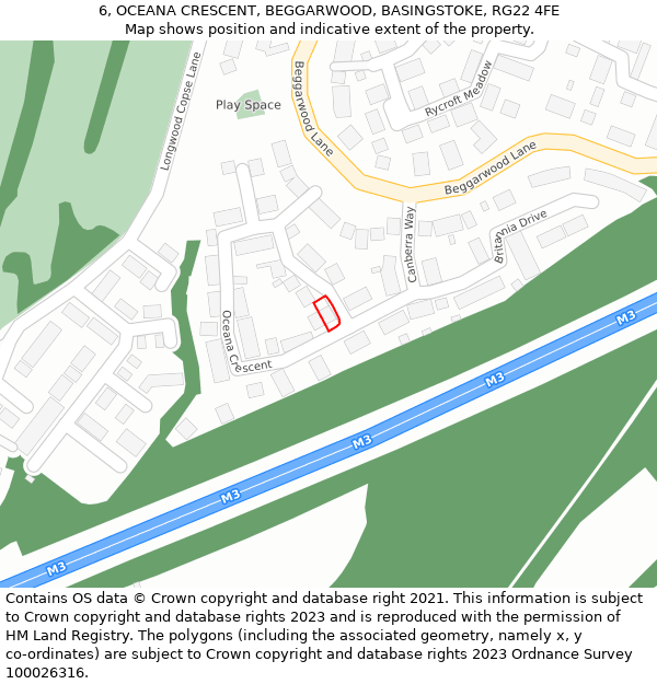 6, OCEANA CRESCENT, BEGGARWOOD, BASINGSTOKE, RG22 4FE: Location map and indicative extent of plot