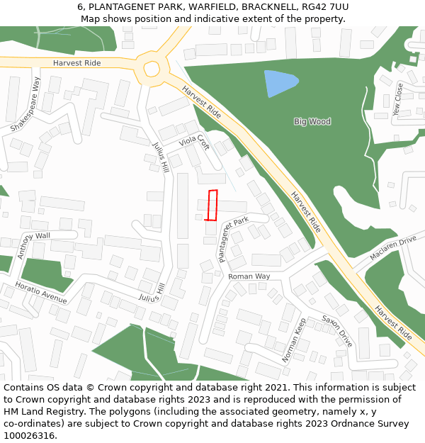 6, PLANTAGENET PARK, WARFIELD, BRACKNELL, RG42 7UU: Location map and indicative extent of plot