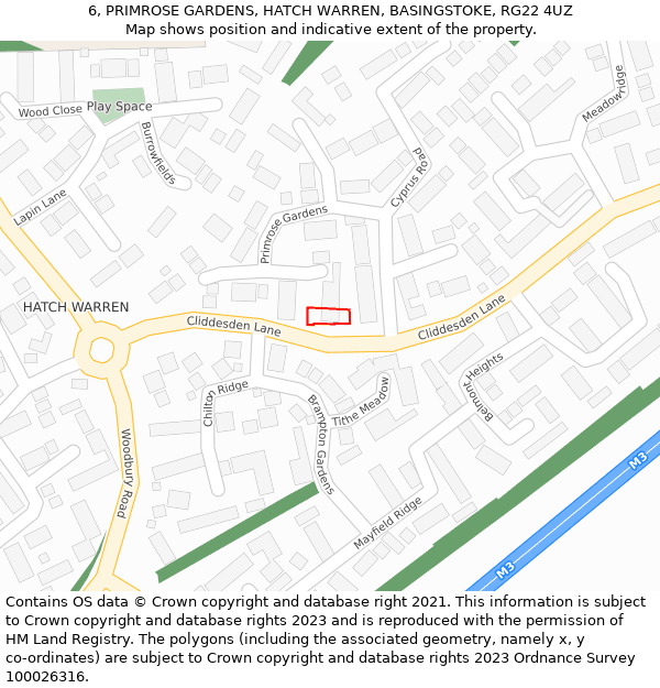 6, PRIMROSE GARDENS, HATCH WARREN, BASINGSTOKE, RG22 4UZ: Location map and indicative extent of plot