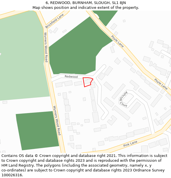 6, REDWOOD, BURNHAM, SLOUGH, SL1 8JN: Location map and indicative extent of plot