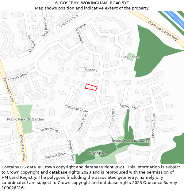 6, ROSEBAY, WOKINGHAM, RG40 5YT: Location map and indicative extent of plot