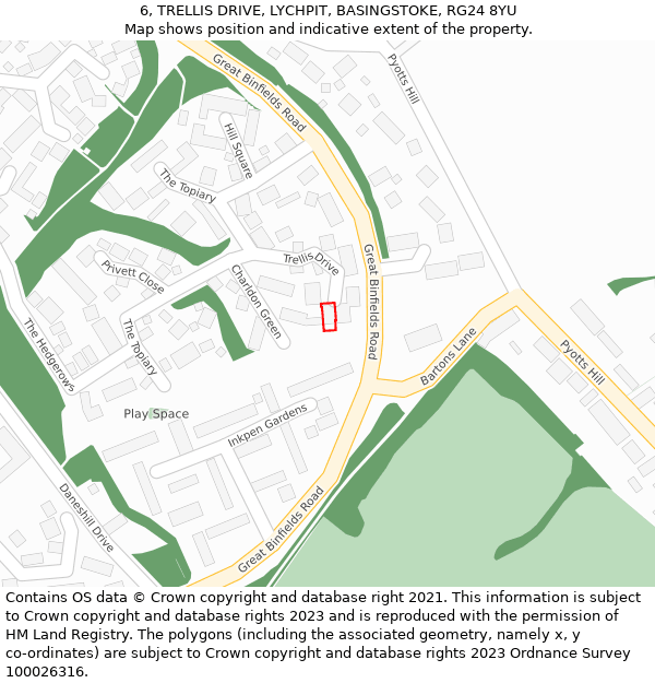 6, TRELLIS DRIVE, LYCHPIT, BASINGSTOKE, RG24 8YU: Location map and indicative extent of plot