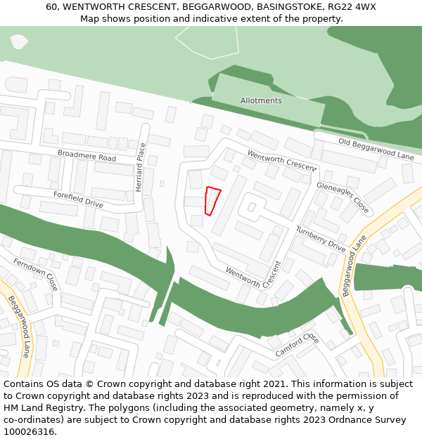 60, WENTWORTH CRESCENT, BEGGARWOOD, BASINGSTOKE, RG22 4WX: Location map and indicative extent of plot