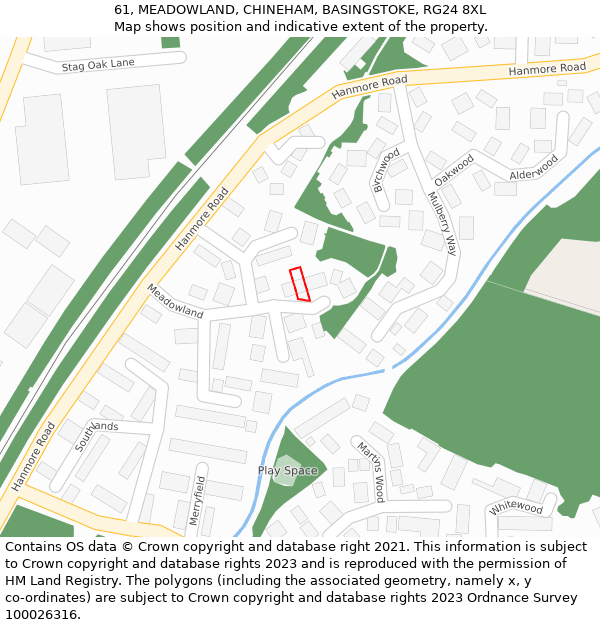 61, MEADOWLAND, CHINEHAM, BASINGSTOKE, RG24 8XL: Location map and indicative extent of plot